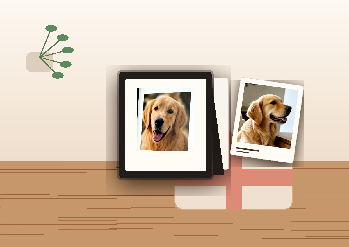 A warm home scene showing a framed dog photo as a gift.