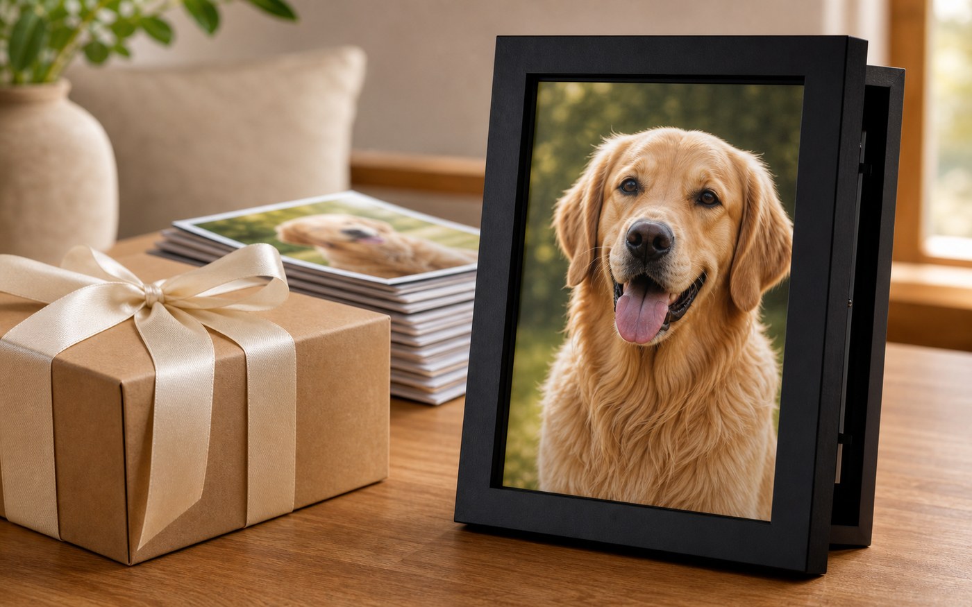 A PawYear frame beside a wrapped gift box and a stack of printed dog photos.