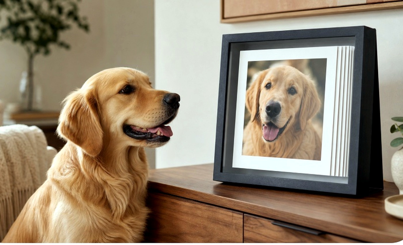 A dog looking at a frame with a large photo of the month in front.