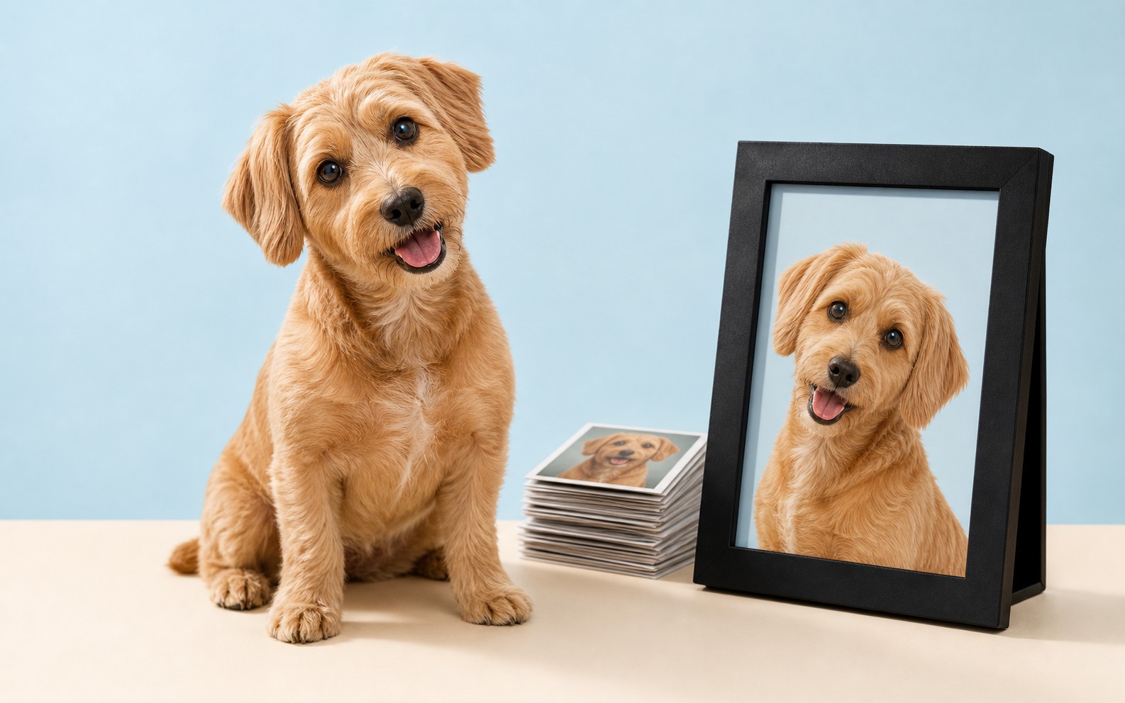 An expressive dog beside a PawYear frame with one large dog photo in front and older prints behind.