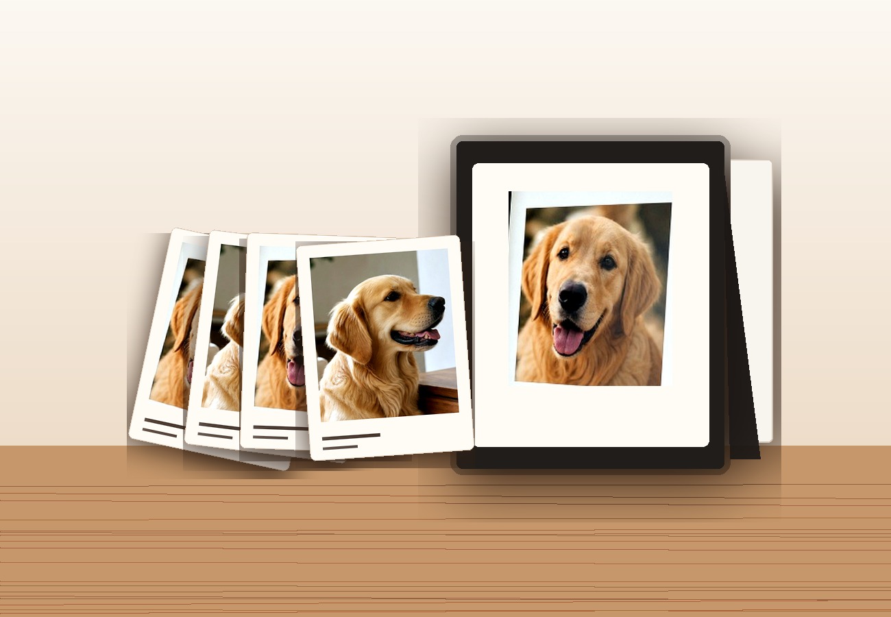 A frame showing one photo at the front with older prints stacked behind it.